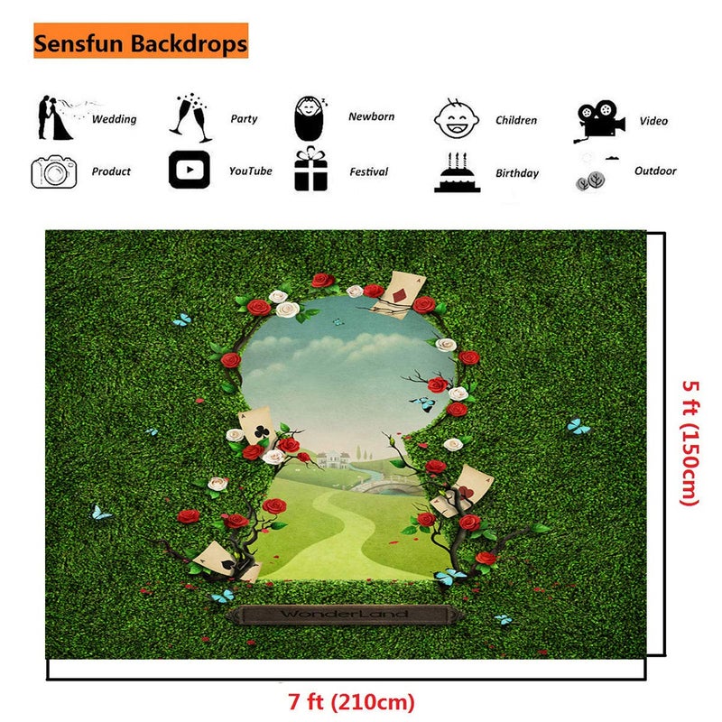 Sensfun 7x5ft Wonderland Photography Backdrop Fantasy Fairy Tale Green Grass Gate Wonderland Photo Background for Girls Baby Shower Birthday Tea Party Decorations Portrait Photo Booth Props (SXY1326) - Image 3
